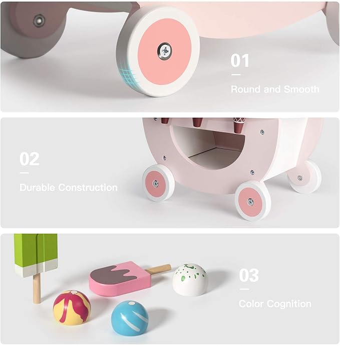 ROBUD Wooden Ice Cream Cart Toys for Kids, Toddlers Pretend Play Food Truck, Gift for Girls and Boys 3 Years & Up, Pink