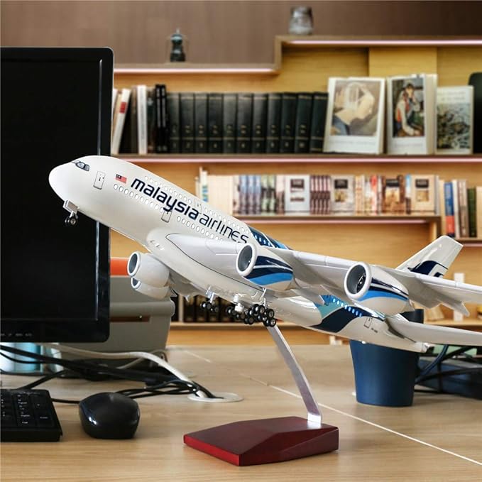 24-Hours 18" 1/160 Scale Airplane Desk Model Malaysia A380 Model Plane Collection with LED Light(Touch or Sound Control) Wood Stand & Gear Reg