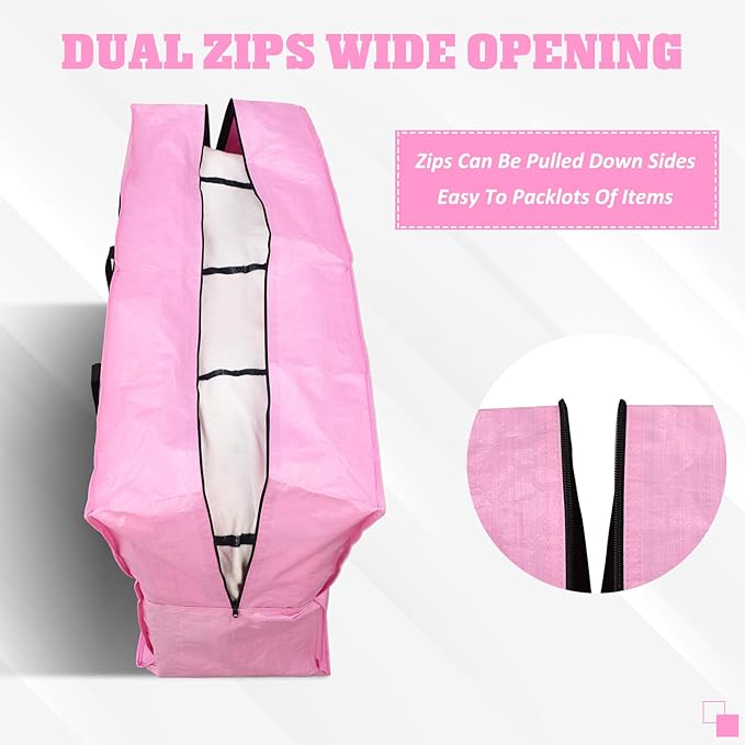Windyun 4 Pack 57 Gallon Extra Large Storage Bags XXL Moving Bags with Zipper Handles Heavy Duty Jumbo Big Totes Box for Halloween Skeleton 4-12 Feet Christmas Tree Storage College Dorm Cloth (Pink)