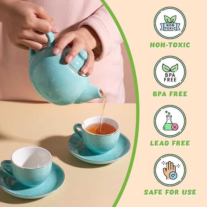Sweejar Porcelain Tea Set for Little Girls,Kitchen Toys Tea Party Set for Kids Toddler Kitchen Pretend Toy Include Children Teapot, Cup & Saucer Sugar Bowl and Cream Pitcher(Sweet)