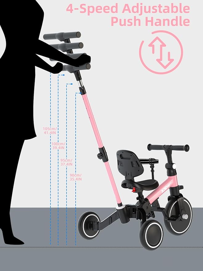 XJD Toddler Bike, 6 in 1 Folding Toddler Tricycle for 1-4 Year Old with Push Handle, Balance Bike with Removable Pedal,Backrest, Adjustable Seat Height and Handle, First Birthday Gifts (Pink)