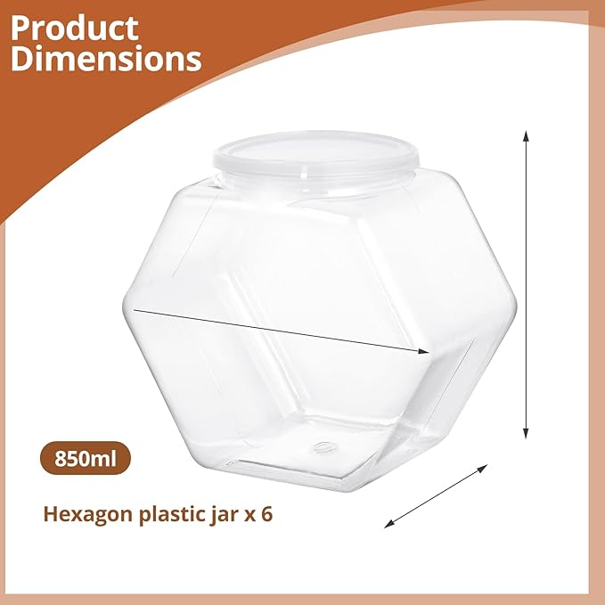 6 PCS Hexagon Plastic Jars, Clear Cookie Jars with Airtight Lids, Candy Jars, Wide Round Mouth Snacks Dog Food Candy Containers, Reusable Coffee Candy Display (30oz)