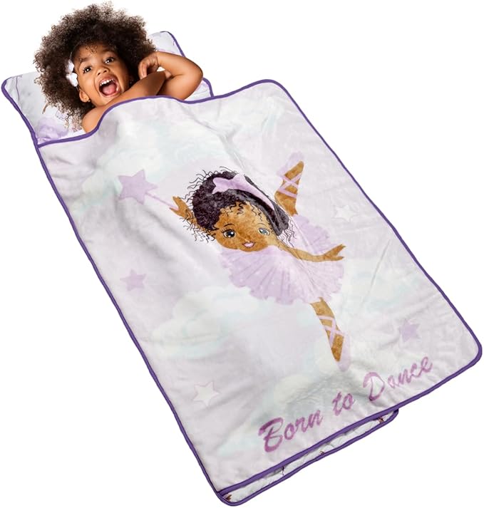 EVERYDAY KIDS Toddler Nap Mat with Removable Pillow - Born to Dance African American Ballerina - Carry Handle with Straps Closure, Rollup Design for Preschool, Daycare, Sleeping Bag - Ages 2-6 Years
