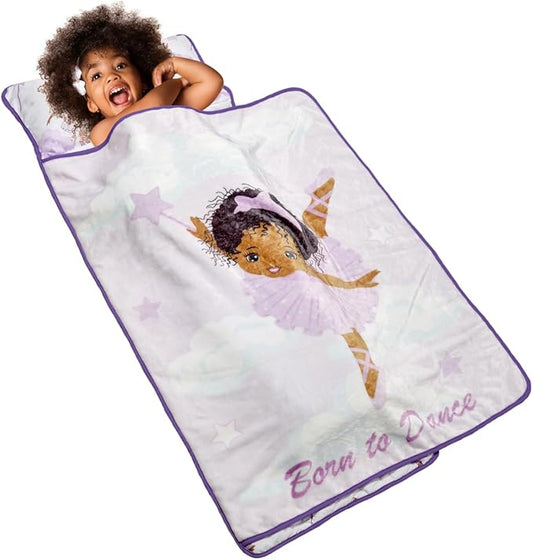 EVERYDAY KIDS Toddler Nap Mat with Removable Pillow - Born to Dance African American Ballerina - Carry Handle with Straps Closure, Rollup Design for Preschool, Daycare, Sleeping Bag - Ages 2-6 Years