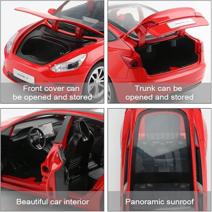 Zinc Alloy Model 3 Car, 1:24 Scale Simulation Casting Diecast Toy Car with Lights and Music for Toddlers & Kids (Red)