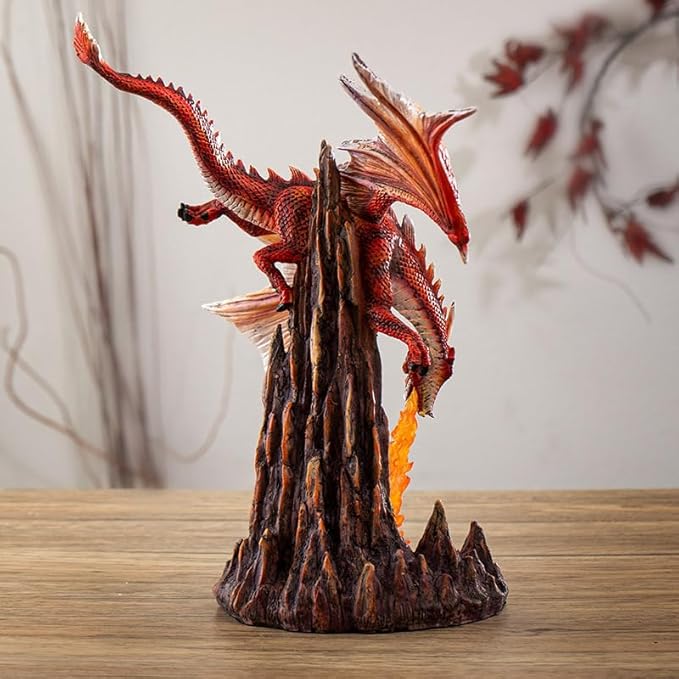 Pacific Giftware Fury Fire Dragon Figurine Red Dragon Sculpture Breathing Fire Over Volcanic Rock Base Dragon Dungeon Decor and Home Display 13 Inches Tall