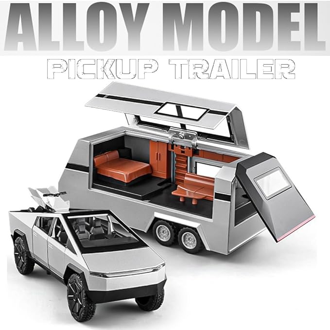 Metal Pick-Up Truck Trailer Toy with Motorcycle, Sound/Light/Pull Back/Realistic Interior Exterior, Ideal Toy Car Vehicle Gift (1/32 Grey Pickup Trailer RV)