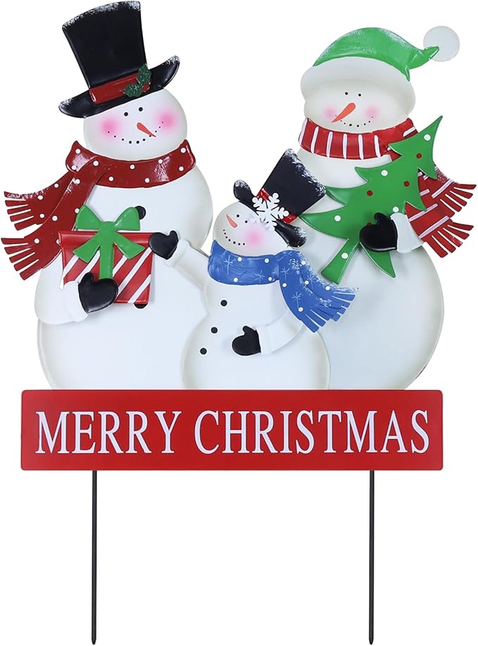 YEAHOME Outdoor Christmas Decorations, 3 Snowman Family Metal Decorative Garden Stakes for Outdoor Yard, Merry Christmas Yard Signs for Outside Garden Lawn Porch Pathway Xmas Decorations