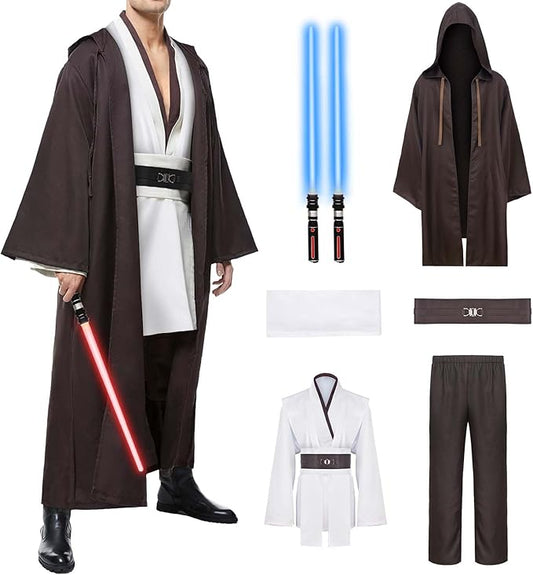 Men's Tunic Cosplay Costume with 2 PCS Light Up Saber Tunic Hooded Robe Full Set for Halloween Party