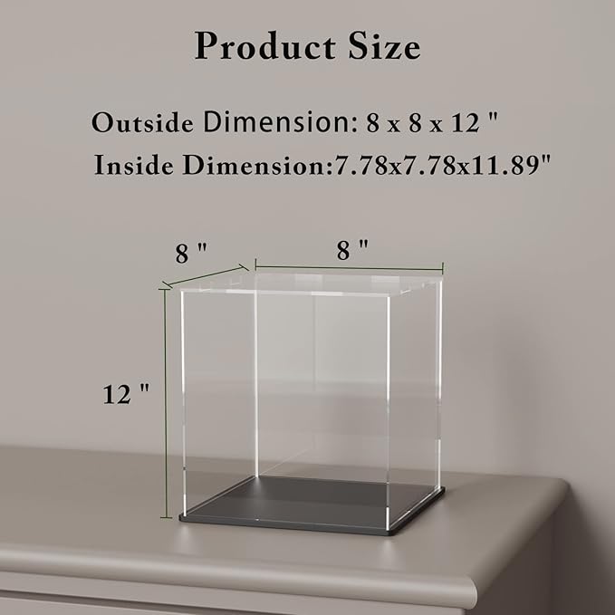 Acrylic Box with Matte Black Base, Simple Self-Assembly Clear Acrylic Display Case, Tall Dustproof Showcase with Lid for Collectibles, Toys and Trophy (8x8x12 inch)