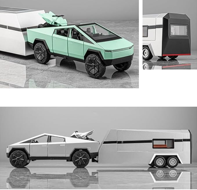 1/32 Pickup Truck and Trailer Toys with Light and Pull Back, Alloy Diecast Pickup Trailer RV Model Kit, Diecast Model Car Toy Truck and Trailer for Boys Adults as Birthday Gifts (Green)