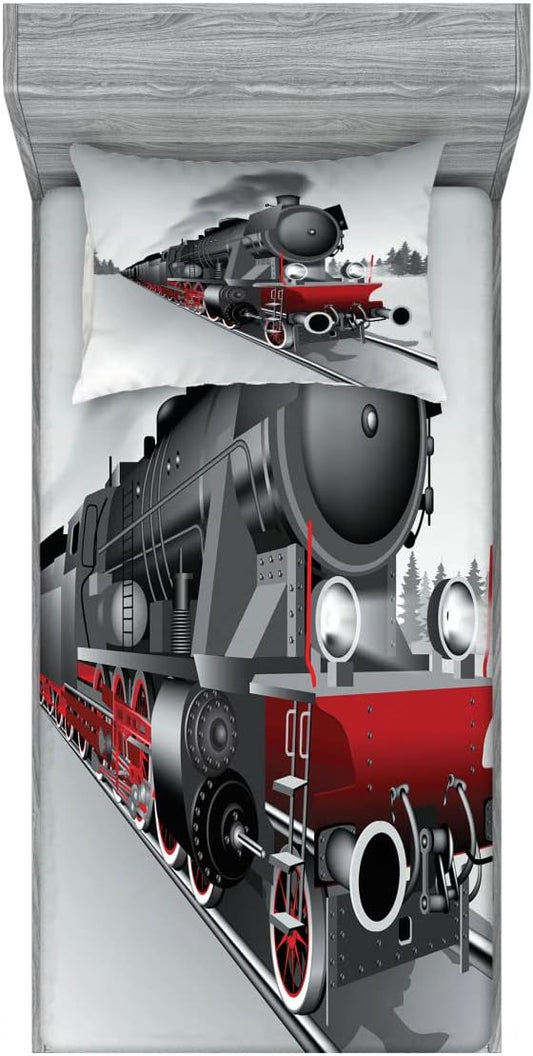 Ambesonne Steam Engine 2 Pack Fitted Sheet & Pillow Sham Set, Railway Train Art, 4 Pcs Bedding Decor, Package Contains 2 Twin Size Fitted Sheets & 2 Pillow Covers, Red