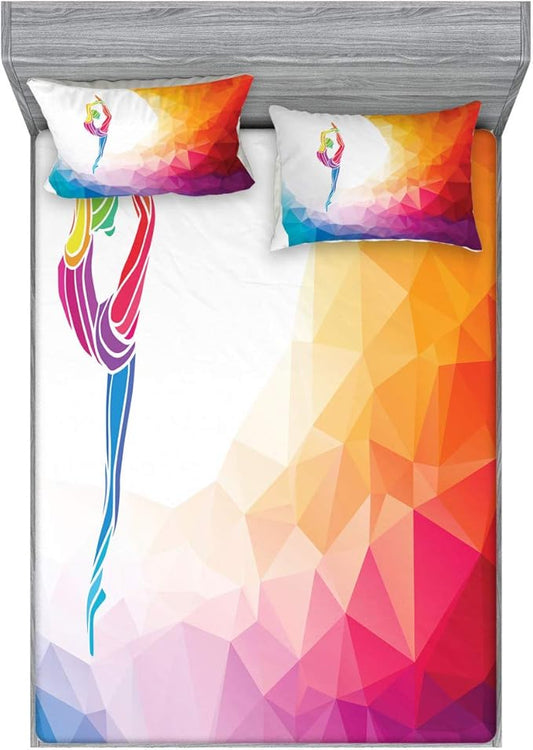 Ambesonne Gymnastics Fitted Sheet & Pillow Sham Set, Polygonal Pattern with Colorful Girl Design Acrobatic Composition Active Life, Decorative Printed 3 Piece Bedding Decor Set, King, Rainbow