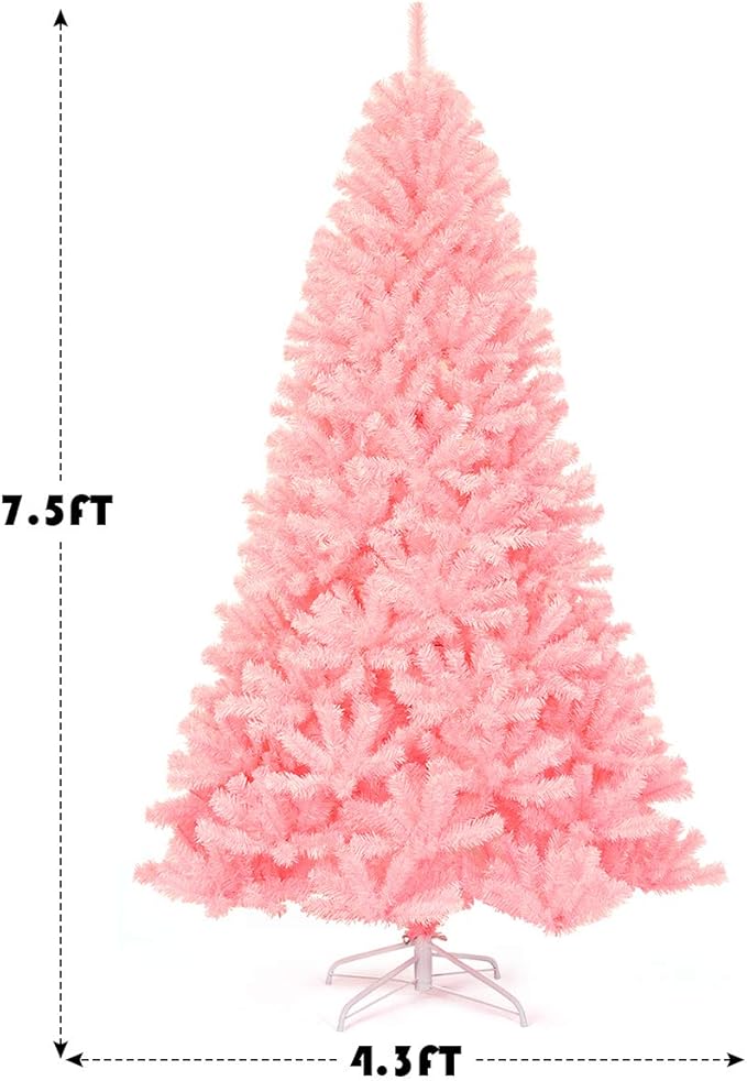 GOFLAME 7.5 ft Pink Artificial Christmas Tree, Hinged Spruce Full Tree w/Foldable Metal Stand, Cherry Blossom Color, 1036 Tips Christmas Tree for Home Office Party Decoration, Easy Assembly