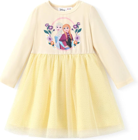 Disney Frozen Elsa Princess Cinderella Ariel Jasmine Rapunzel Baby/Toddler Dress, Ruffle Long-Sleeve Mesh Overlay Tulle Dress