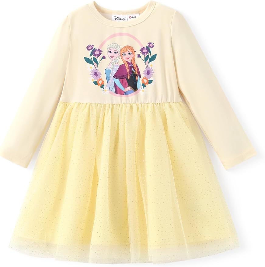 Disney Frozen Elsa Princess Cinderella Ariel Jasmine Rapunzel Baby/Toddler Dress, Ruffle Long-Sleeve Mesh Overlay Tulle Dress