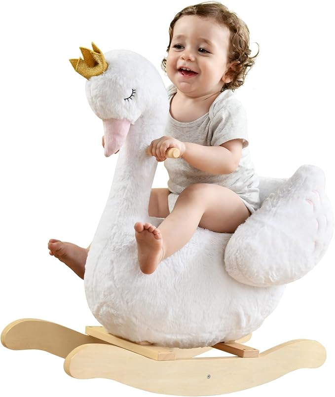labebe Kids Rocking Horse White Swan with Little Plush Doll Toys, Stuffed Animal Wooden Rocker for Children 6 Months Boys and Girls/Nursery Christmas, Birthday Gift (Rocking Swan)