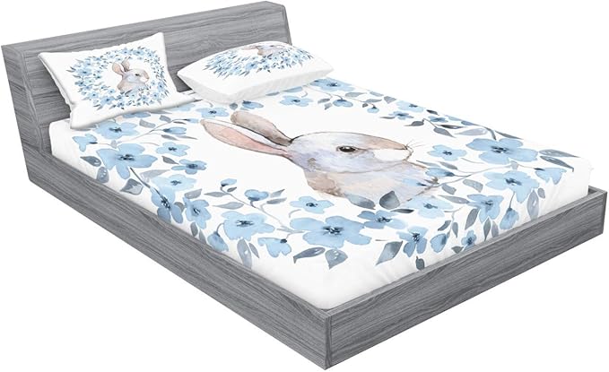 Ambesonne Watercolor Flower Fitted Sheet & Pillow Sham Set, Bunny Rabbit Portrait in Floral Wreath Illustration Country Style, Decorative Printed 3 Piece Bedding Decor Set, King, Blue White