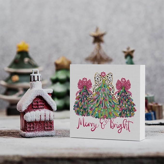 Pink Merry Christmas Wall House Decor Merry and Bright Christmas Tree Coquette Sign, Office Home Decor for Desk Table Shelf 5 X 5 inch