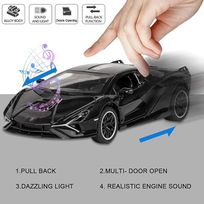 Diecast Toy Car Sian FKP37 Sports Model Car,Zinc Alloy Simulation Casting Pull Back Vehicles,1:32 Scale Supercar Toys with Lights and Music Sound for Toddlers Kids Children Boys Girls Gift (Black)