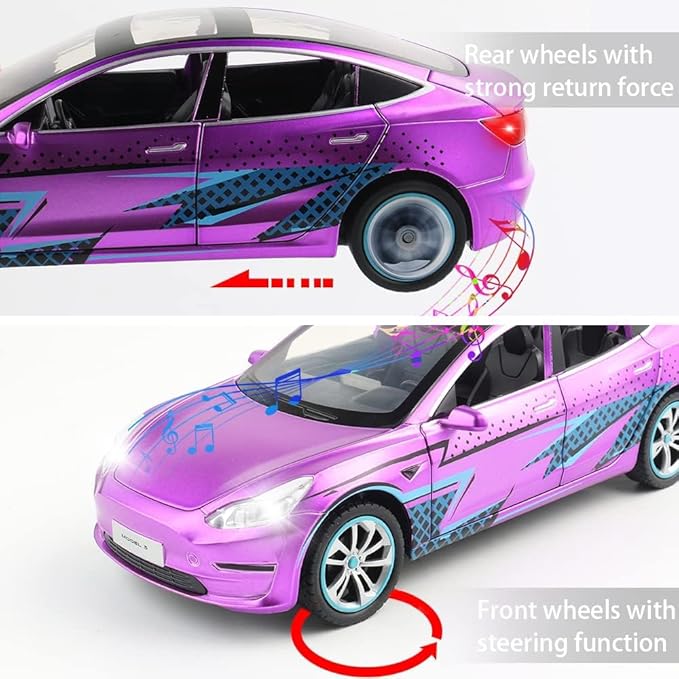 Zinc Alloy Model 3 Car Model,1:24 Scale Simulation Casting car Model Pull Back Diecast Toy Car, Mini Vehicles Toys with Lights and Music for Toddlers Kids Children Birthday Gift(Purple)