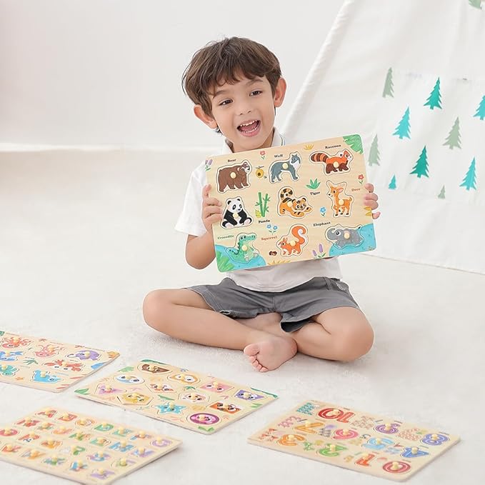 GRINNNIE Wooden Puzzles for Toddlers 1 2 3 Years Old, Montessori Toddler Toys 5PCS Peg Puzzles with Knob - Number, Alphabet, Shape, and Animal, Great Gifts for Boys Girls