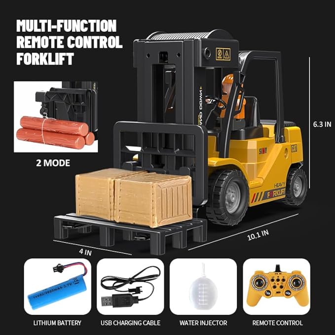 Remote Control Forklift Cranes 6 Channel 2 Mode RC Forklift Truck with Spray Sound and Lights Construction Toys 2.4Ghz 1:24 Scale Truck Toy for Toddler Kids for 3-7 Boys and Girls
