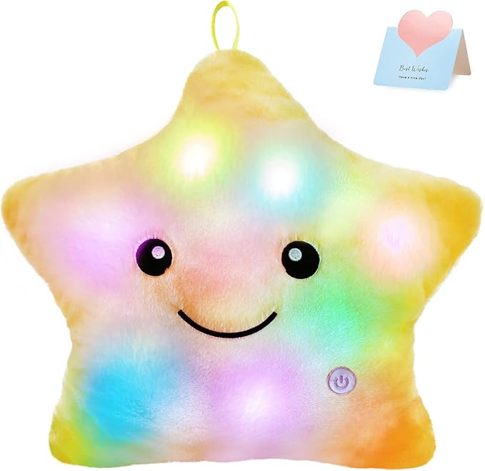 WEWILL 13'' Creative Twinkle Star Glowing LED Night Light Plush Pillows Stuffed Animals Toys Birthday Christmas Holiday Valentines Gifts for Toddlers Girls(Yellow)
