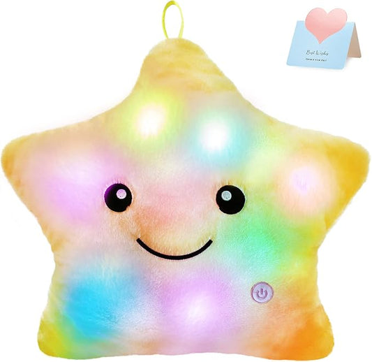 WEWILL 13'' Creative Twinkle Star Glowing LED Night Light Plush Pillows Stuffed Animals Toys Birthday Christmas Holiday Valentines Gifts for Toddlers Girls(Yellow)