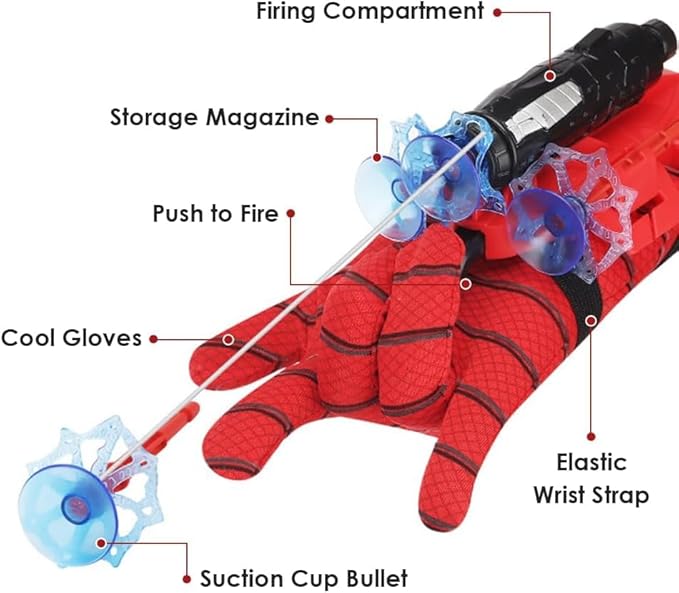 Superhero Spider Web String Launcher Slinging Toy Set, Includes 2 Web Shooters, 2 Gloves, 2 Hero Masks and 1 Cape, Ideal for Kids Indoor Outdoor Imaginative Role-Playing