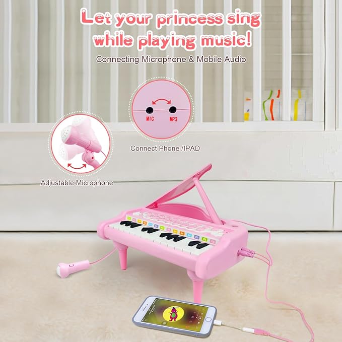 Love&Mini Pink Piano Toys for 1+Years Old Girls First Birthday Gifts Toddler Piano Music Toy Instruments with 24 Keys and Microphone