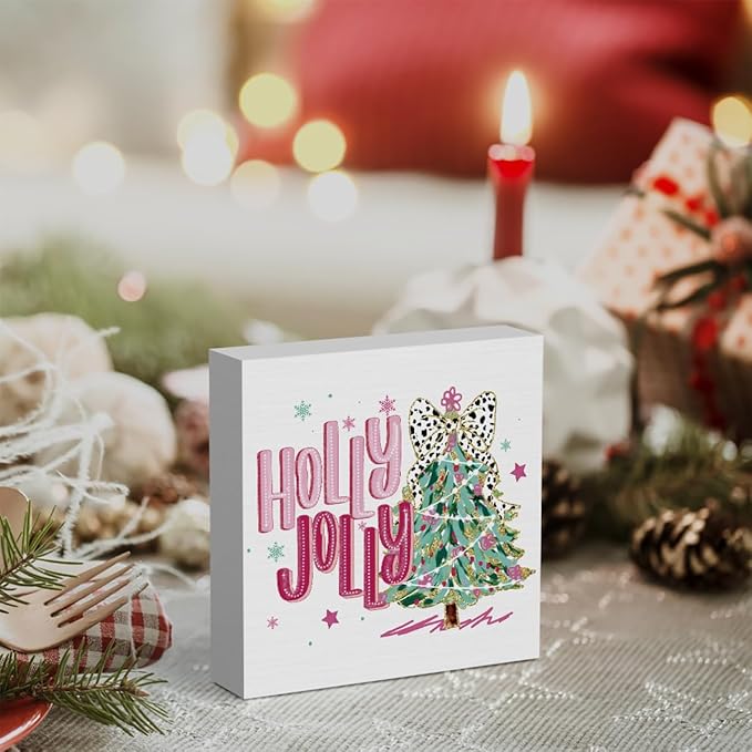 Pink Merry Christmas Wall House Decor Holly Jolly Christmas Tree Coquette Sign, Office Home Decor for Desk Table Shelf 5 X 5 inch