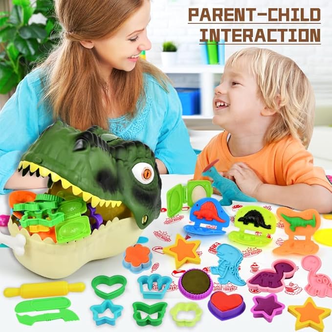 55PCS Dough Play Sets for Kids 3-6, Sliding/Portable Dinosaur Storage Case with Light & Sound, Toddler Play Clay Kit with Dinosaur Modle Eggs, Gift for 3 4 5 6 7 8 Year Old Girls Boys
