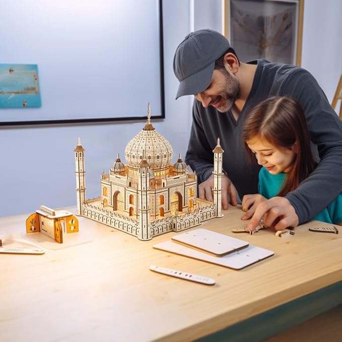 3D Wooden Puzzle Architecture Building Taj Mahal Model Craft STEM Kit LED Light DIY Home Decoration Mother's Day Birthday Gift for Adults & Kids (Taj Mahal)