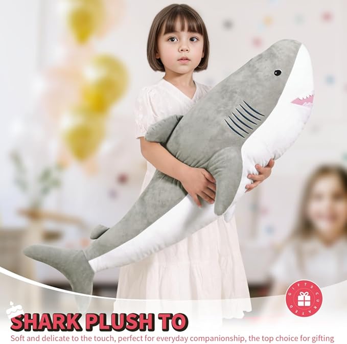 40 Inch Giant Shark Stuffed Animal Large Soft Body Plushies,Cute Big Shark Doll Pillow Plush Toy,Gift for Boy Girl Kids Birthday Valentines