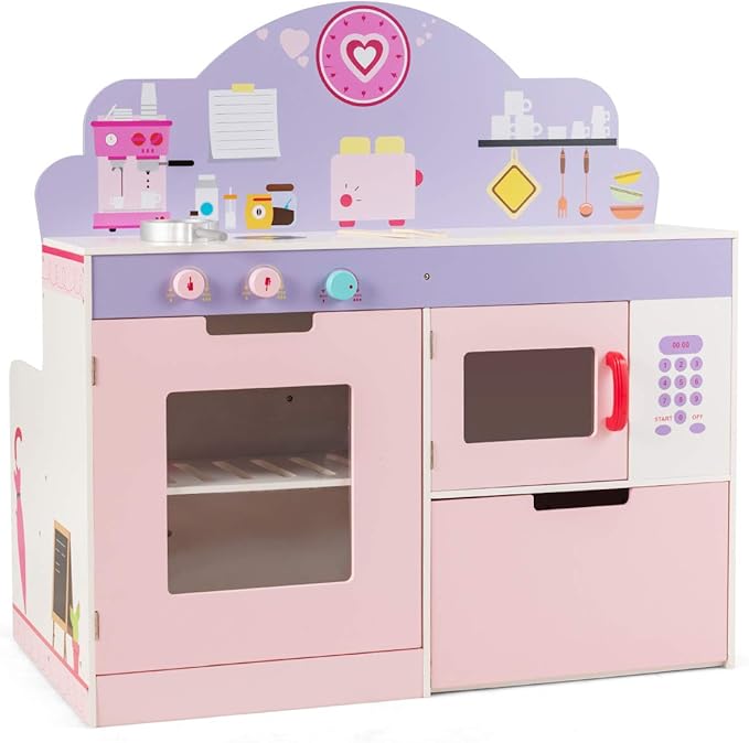 HONEY JOY Pink Kids Kitchen Playset, Double Side Little Chef Play Kitchen for Toddler & Cafe Shop, Cooking Utensil, Microwave, Storage Cabinet, Wooden Pretend Play Toy Kitchen Set, Gift for Boys Girls