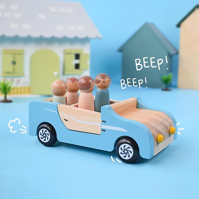 PairPear Wooden Family Car for Dolls,Wooden Toys Dollhouese Furniture Accessories Playset,Kids Pretend Preschool Play Vehicle Toys Gift for Toddler 3 Years and Up