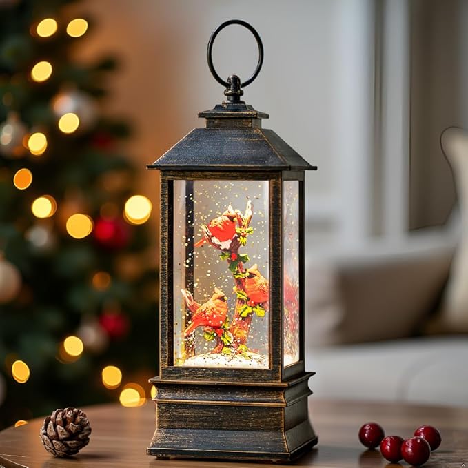10" Snow Globe Lights, Shimmering Music Box, USB and Battery Powered Christmas Decorations Gift (Three Cardinals)