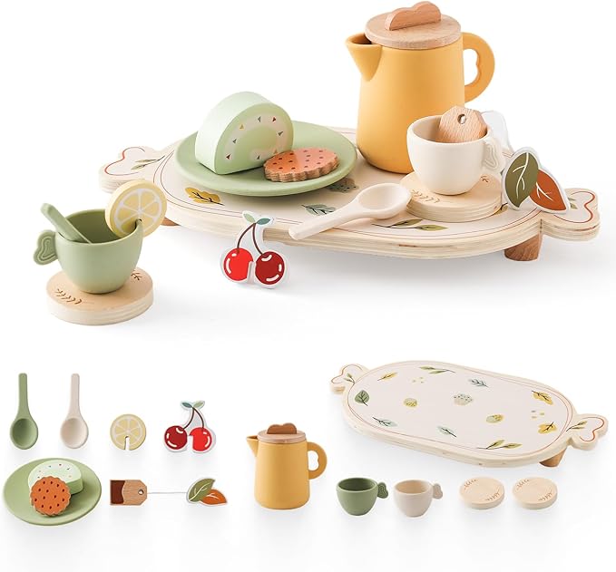 Tea Party Set for Little Girls, Silicone & Wooden Tea Set for Toddler with Silicone Teapot Cups Carrying Tray Scoop, Pretend Play Accessories Kids Kitchen Wooden Toys for 3 4 5 6 Year Old (Green)