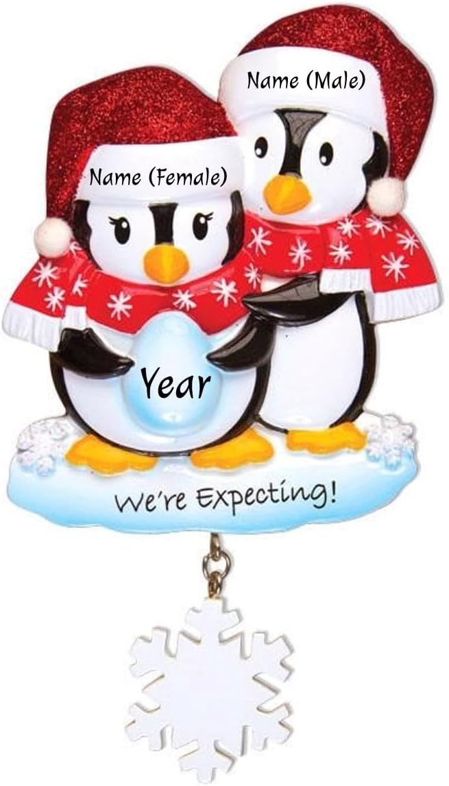 2024 Personalized Ornament We're Expecting Penguin Couple Christmas Tree Custom Wedding Family Customized Glittered Decoration Pregnant Egg - Free Personalization