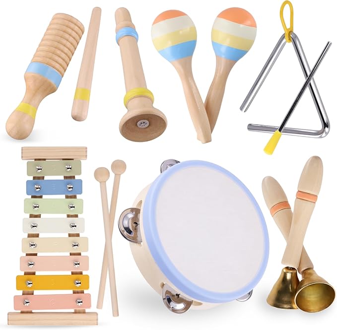Montessori Wooden Musical Instruments for Toddlers 1-3, Baby Music Toy Set with Xylophone, Tambourine, Triangle, Clarinet, Maracas, Natural Sensory Educational Toys for Boys and Girls