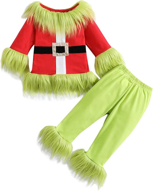 Toddler Kids Boy Girl Halloween Green Monster Costume Plush Cosplay Party Santa Claus Outfit Fuzzy Christmas Clothes
