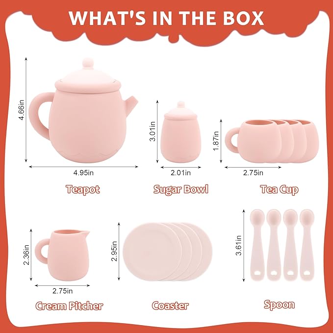 MCGMITT Silicone Tea Party Set, Toy Tea Set for Toddlers Kids, Includes Teapot, 4 Tea Cup and Coasters, Creamer, Sugar Bowl, 4 Spoon, Dishwasher Safe Pretend Teapot Set for Girls Boys Birthday Gifts
