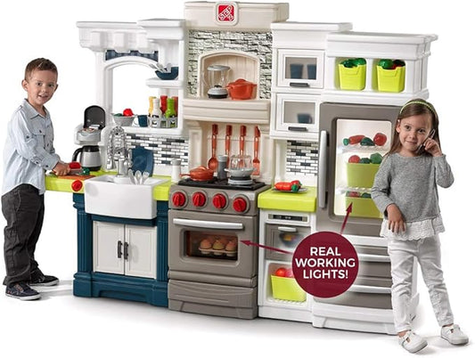 Step2 Elegant Edge Kids Kitchen Playset, Indoor/Outdoor Kitchenette, Interactive Play with Lights and Sounds, Made of Durable Plastic, Includes 78 Piece Toy Accessories, For Toddlers 3+ Years Old