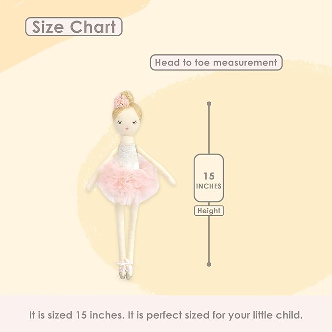 MON AMI Charlotte The Ballerina Stuffed Doll - 15”, Plush Ballerina Doll for Girls, Use as Toy or Room Decor for Kids of All Ages