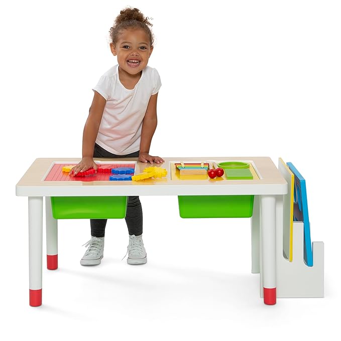 Delta Children Play and Learn Sensory Table for Kids Includes Shape Sorting, Building Block Baseplate, Gears and Musical Instruments - Use as Sand/Activity Table, White/Primary