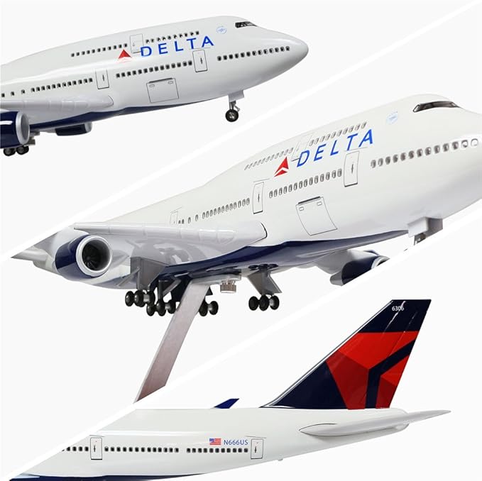 24-Hours 1/130 Scale Delta Boeing 747 Model Airplane With LED Light (Touch or Sound Control) for Adults, Decoration and Displays
