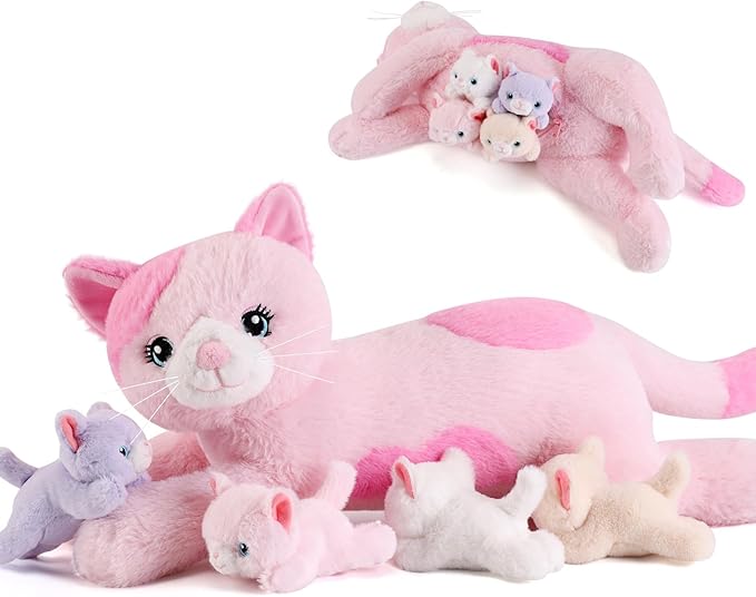 5 Pieces Cat Stuffed Animals with Babies Inside Belly - 1 Mommy Stuffed Cat with 4 Kittens - Stuffed Kitty Plush Toys for Kid Age 3-8, Gift Ideal for Christmas, Valentine's, Birthday (Pink)