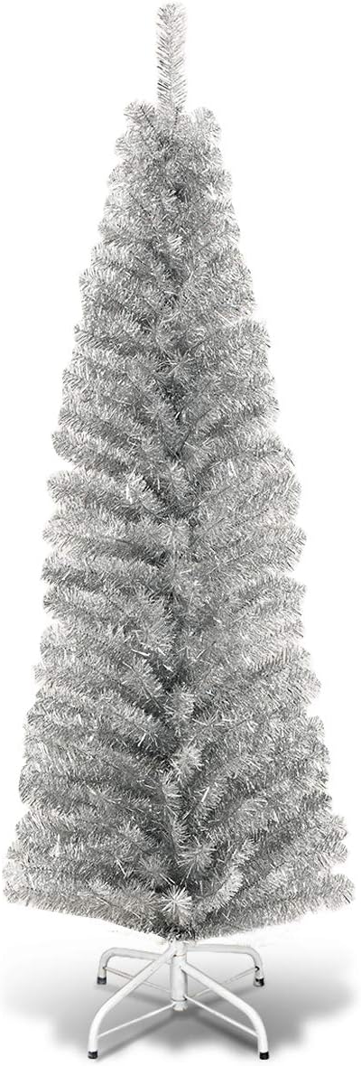 HAPPYGRILL 6 Feet Sliver Pencil Christmas Tree Artificial Slim Christmas Tree Skinny Xmas Tree with Metal Stand, Realistic Unlit Pine Tree with 520 Branch Tips for Indoor Outdoor