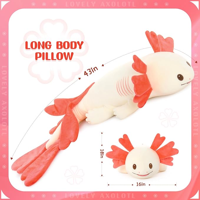 MaoGoLan Large Axolotl Plush Body Pillow, XL Axolotl Stuffed Animal for Kids, 44" Long Salamander Plush Pillow,Christmas Birthday Gifts Pink